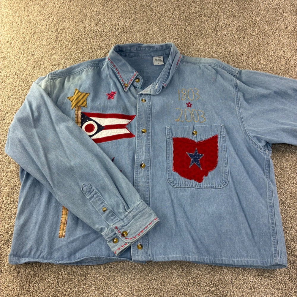 Ohio Bicentennial Denim Shirt Women L Blue Patchwork Americana Vintage Retro‎